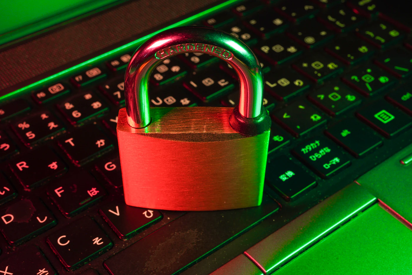 Padlock on a keyboard lit in red and green